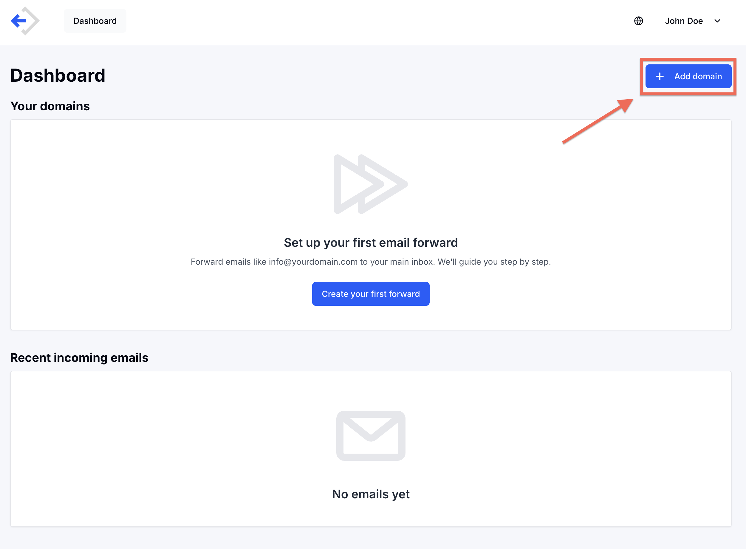 InboxRelay-Dashboard mit „Domain hinzufügen“-Button