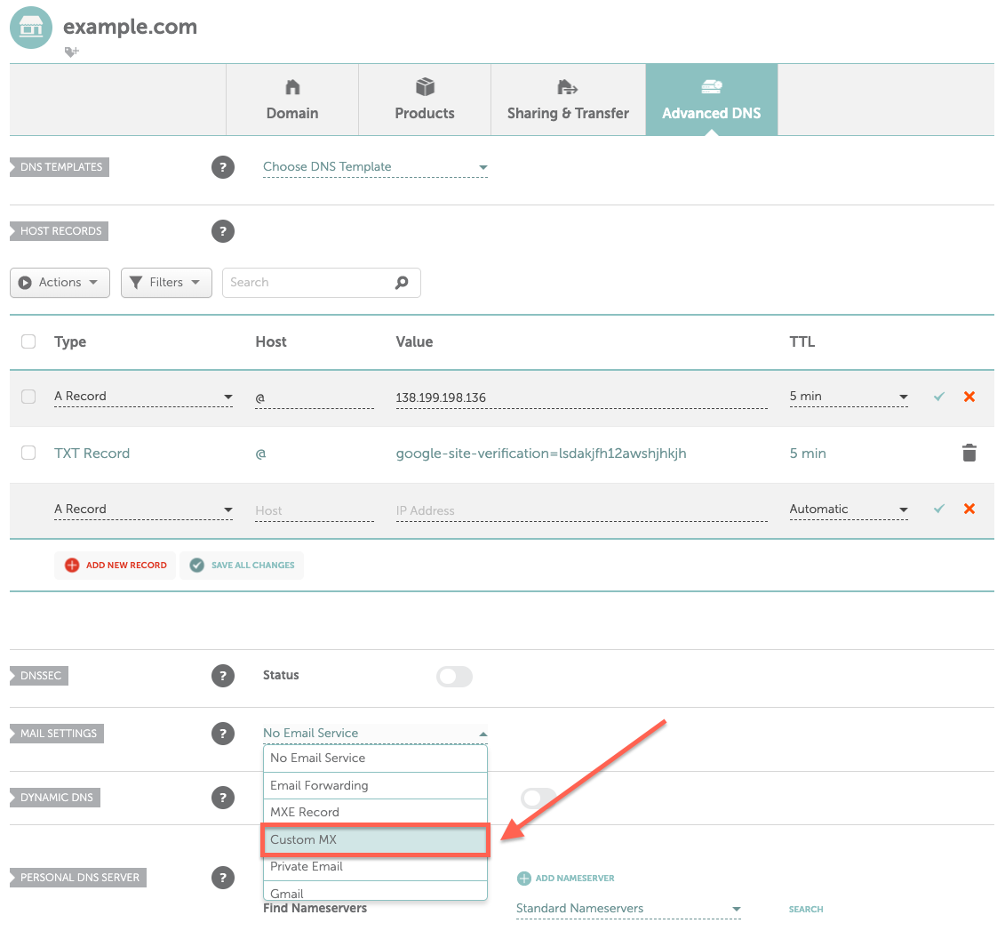 Namecheap add custom MX record