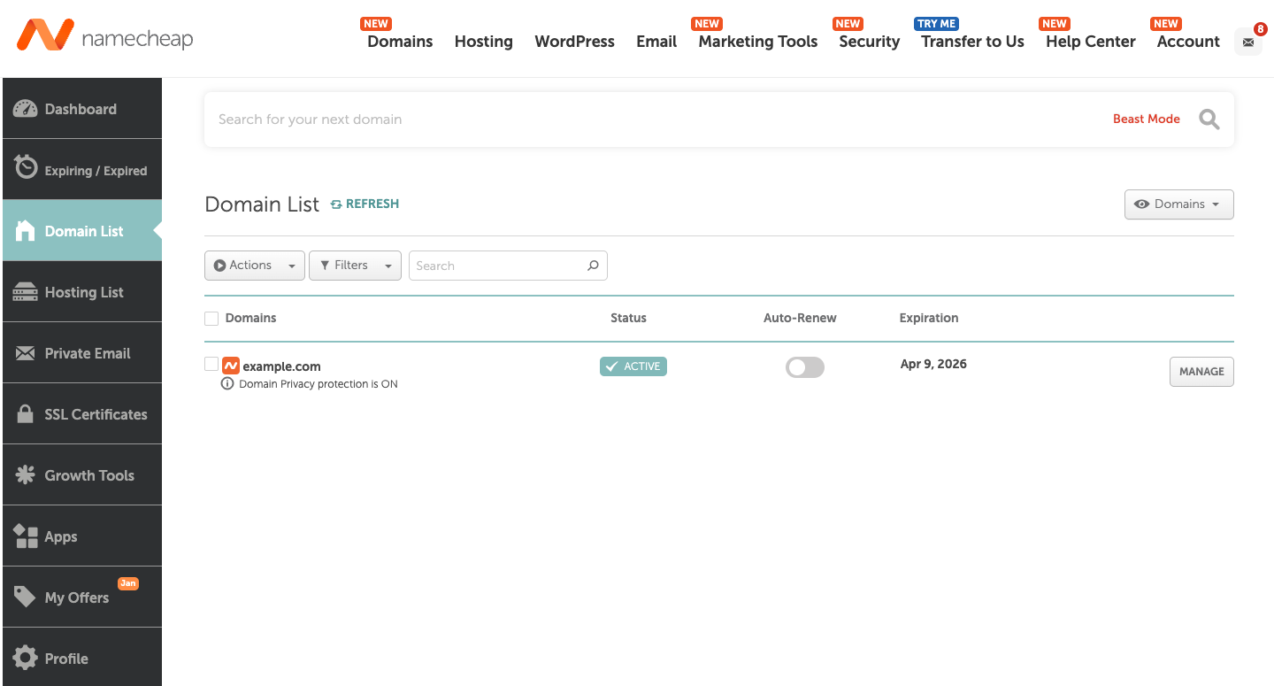 Namecheap administration dashboard domain list