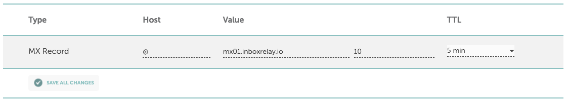 Werte für den InboxRelay Namecheap MX Record